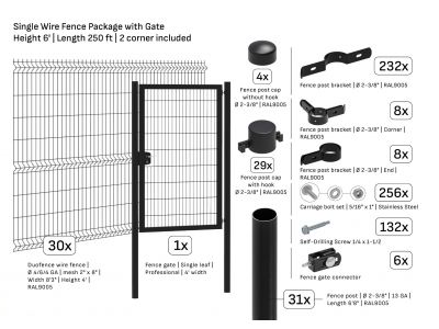 Package | Single Wire Fence Ø 6/6 | Length 250 ft | Height 6 ft | 2 Corners & Gate