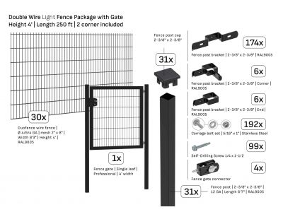 Package | Double Wire Fence Ø 4/6/4 | Length 250 ft | Height 4 ft | 2 Corners & Gate