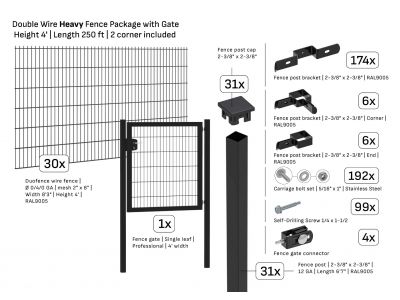 Package | Double Wire Fence Ø 0/4/0 | Length 250 ft | Height 4 ft | 2 Corners & Gate