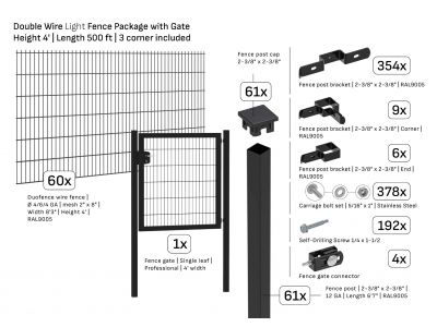 Package | Double Wire Fence Ø 4/6/4 | Length 500 ft | Height 4 ft | 3 Corners & Gate