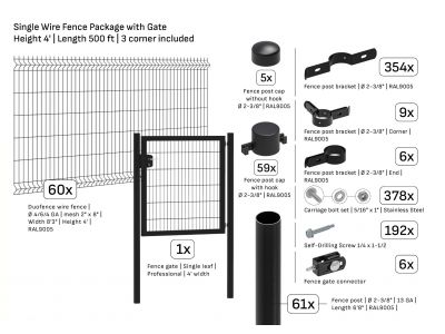Package | Single Wire Fence Ø 6/6 | Length 500 ft | Height 4 ft | 3 Corners & Gate
