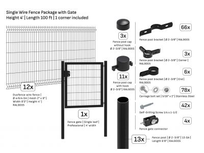 Package | Single Wire Fence Ø 6/6 | Length 100 ft | Height 4 ft | 1 Corner & Gate