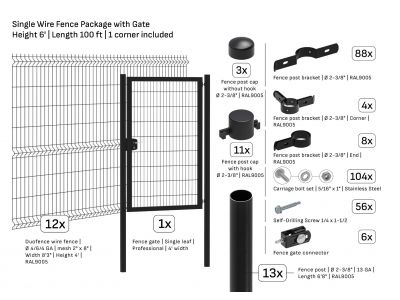 Package | Single Wire Fence Ø 6/6 | Length 100 ft | Height 6 ft | 1 Corner & Gate